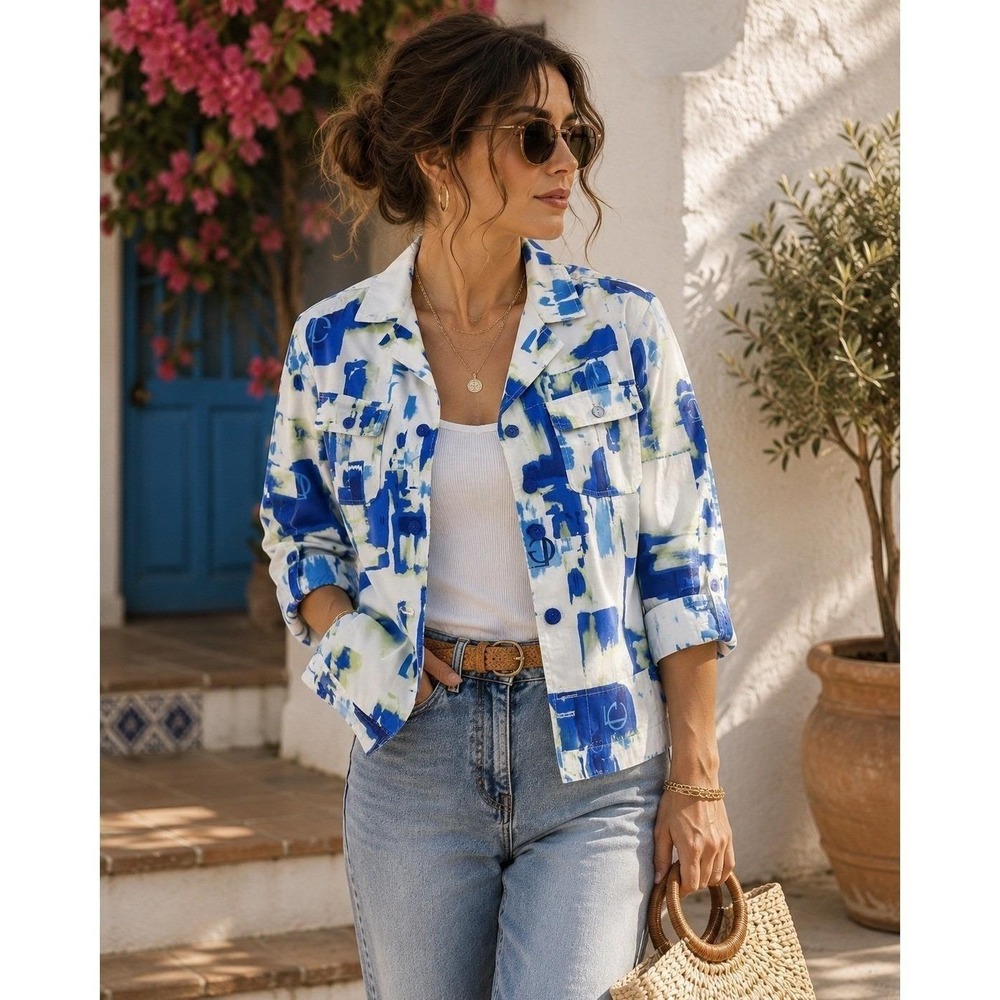 Guy Laroche Jacket Womens 40 Blue White Vintage 90s Abstract Art Print Cotton
